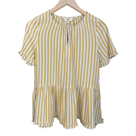NWT Entro Short Sleeve Mustard Yellow Keyhole Ruffle Blouse Top Shirt - Picture 1 of 5
